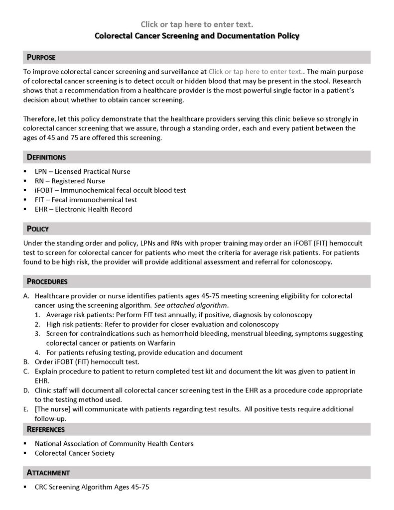 CRC Screening Standing Order Policy