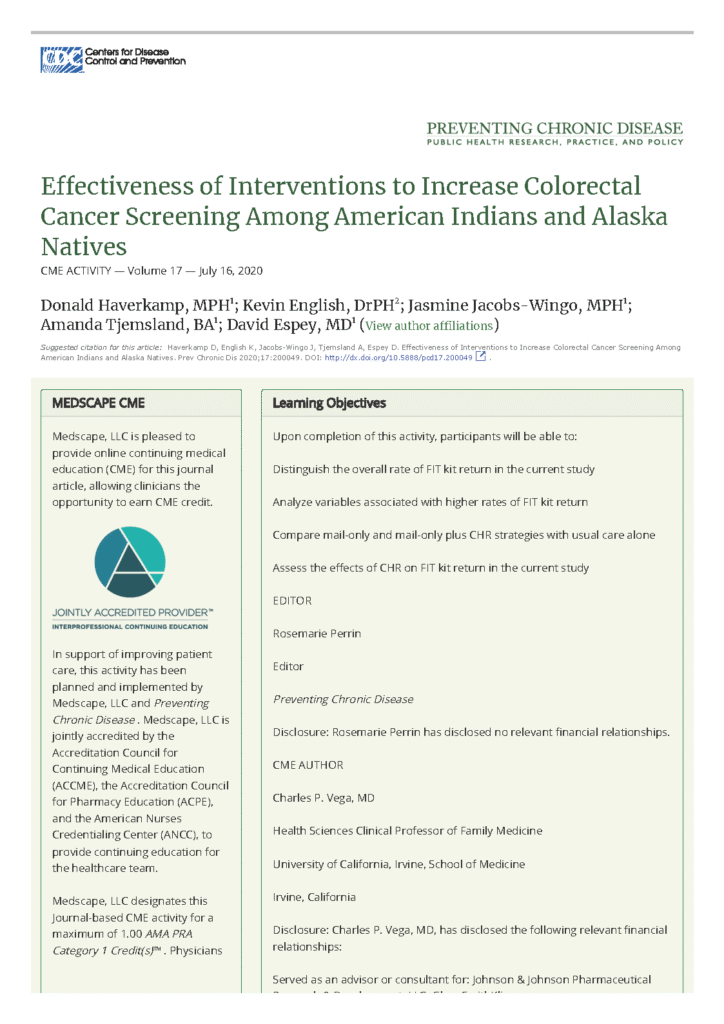Effectiveness of Interventions to Increase Colorectal Cancer Screening Among American Indians and Alaska Natives