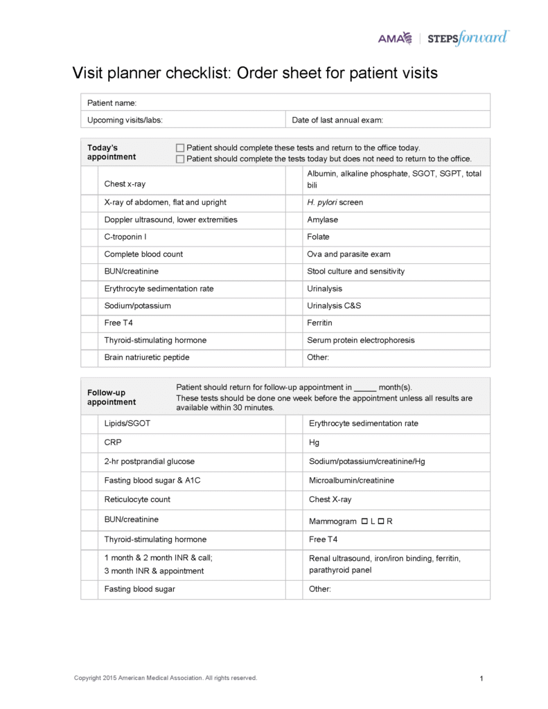 Pre-Visit Plan Order Sheet