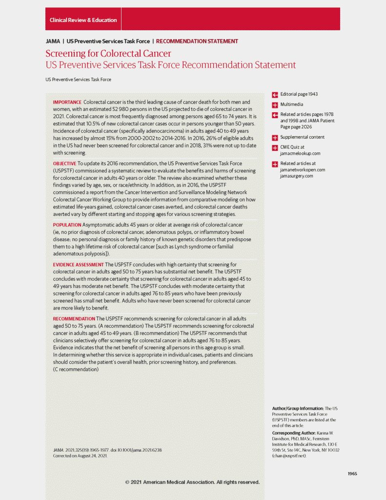 USPSTF: CRC Guidelines